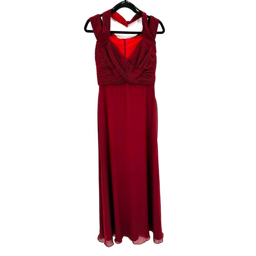 TADASHI SHOJI Red Silk Pleat Halter Off Shoulder Maxi Bridesmaid Formal Dress 6